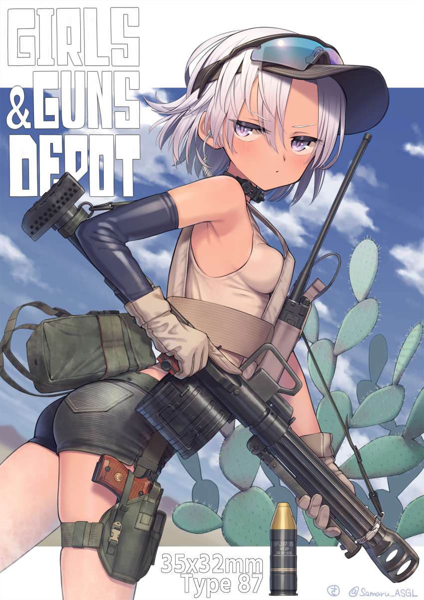 1girl 35x32mm_type_87_hv 35x32mm_type_87_hv_hedp_dfj87 ammunition anti-materiel_cartridge ass black_hat black_shorts breasts brown_gloves brown_tank_top bulletproof_vest cactus closed_mouth detached_sleeves dual-purpose_cartridge ear_protection explosive fragmentation_grenade fragmentation_warhead from_side gloves grenade grenade_cartridge grenade_launcher gun hair_between_eyes handgun hat high-explosive_cartridge high-explosive_dual-purpose_cartridge highres holding holding_weapon holster looking_at_viewer magazine_(weapon) medium_breasts medium_hair original pistol purple_eyes purple_hair qlz-87 radio samaru_(seiga) short_shorts shorts solo tan tank_top thigh_holster trigger_discipline twitter_username weapon