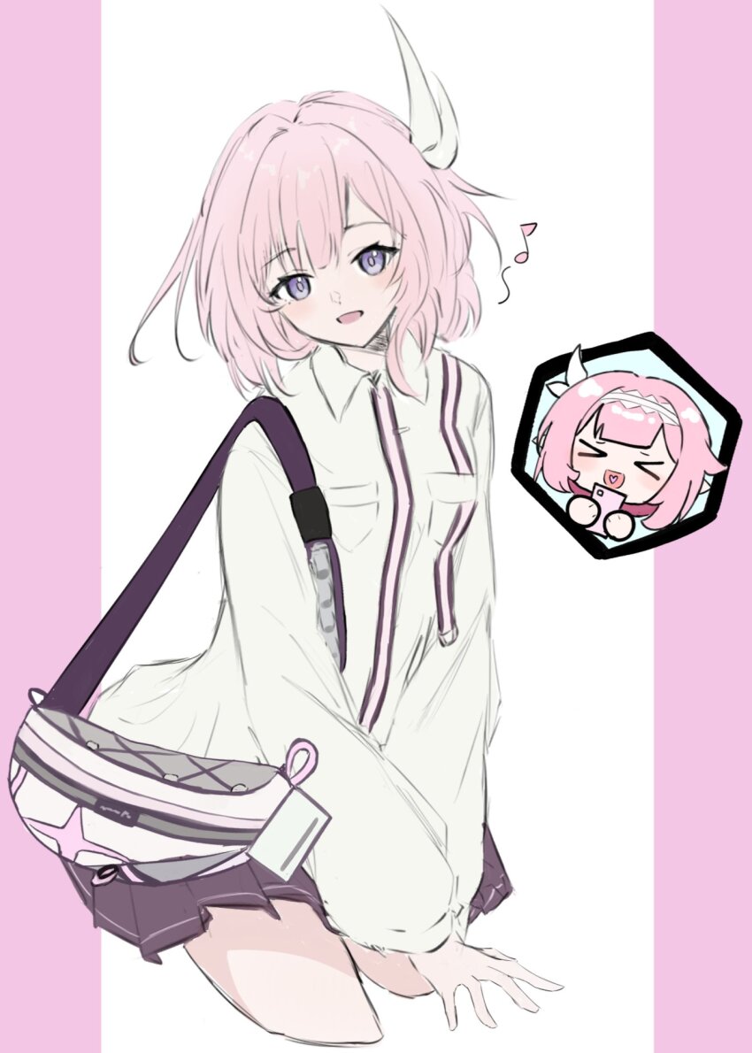 &gt;_&lt; 2girls black_skirt blue_eyes commentary cosplay cyrene_(honkai:_star_rail) doremifasorachi elf elysia_(honkai_impact) elysia_(honkai_impact)_(cosplay) english_commentary hair_ornament hairband highres holding holding_phone honkai:_star_rail honkai_(series) honkai_impact_3rd inoue_marina jacket miniskirt multiple_girls musical_note official_alternate_costume phone pink_hair pleated_skirt pointy_ears skirt thighs two-tone_background white_hairband white_jacket yanning