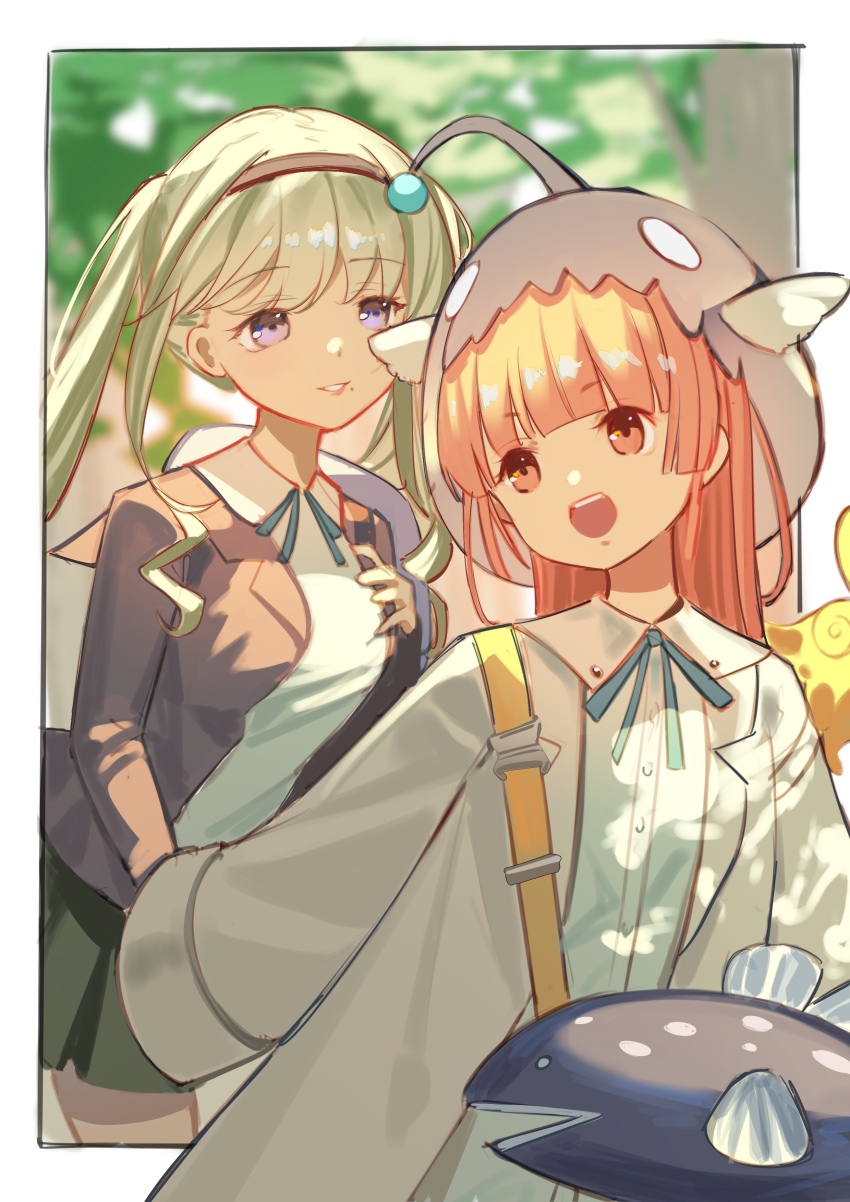 absurdres black_hairband blunt_bangs breasts fish_hat green_hair hairband hat heaven_burns_red highres jacket kr_woyue long_hair long_sleeves mizuhara_aina multiple_girls murohushi_risa pink_eyes pink_hair purple_eyes ribbon sidelocks twintails