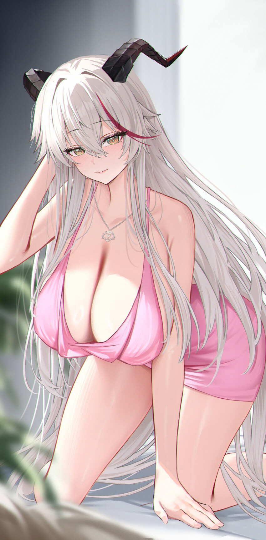 absurdres aegir_(azur_lane) akipopopopoon azur_lane breasts cleavage demon_horns dress grey_hair highres horns jewelry long_hair multicolored_hair necklace pink_dress red_hair streaked_hair yellow_eyes