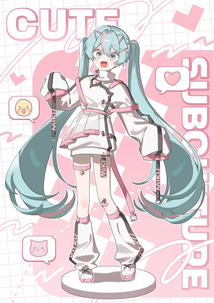 1girl aqua_eyes aqua_hair bandaid bandaid_on_leg bell commentary_request cute_x_subculture_hatsune_miku_design_contest emoji fang full_body grid_background hatsune_miku heart highres jjeogi38 leg_warmers long_hair looking_at_viewer open_mouth pleated_skirt skin_fang skirt sleeves_past_fingers sleeves_past_wrists speech_bubble standing surprised thigh_strap twintails vocaloid white_skirt