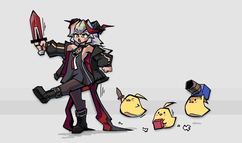 1girl aged_down azur_lane baby_animal bird black_boots black_dress black_horns black_jacket black_pantyhose boots chick dress full_body horns jacket little_aegir_(azur_lane) manjuu_(azur_lane) marching multicolored_hair open_mouth pantyhose red_hair simple_background sirhoopsalot streaked_hair toy_sword white_background white_hair yellow_eyes