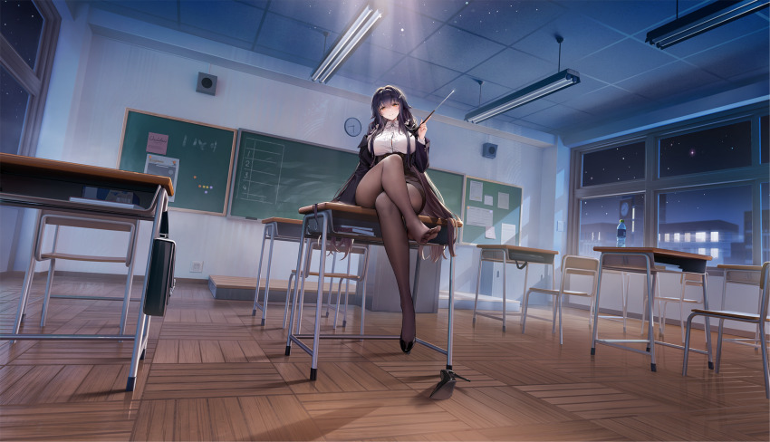 1girl absurdres artist_request azuma_(azur_lane) azuma_(career_counseling_for_the_groom)_(azur_lane) azur_lane black_hair black_shoes black_skirt blush bouncing_breasts breasts bursting_breasts classroom clock collared_shirt come_hither crossed_legs desk dress_shirt flower hair_flaps hair_flower hair_intakes hair_ornament hairclip high-waist_skirt highres index_fingers_together indoors jacket long_hair long_sleeves looking_at_viewer neck_ribbon no_shoes non-web_source official_alternate_costume official_art on_desk panties panties_under_pantyhose pantyhose ribbon school_desk shirt shoes single_shoe sitting skirt spread_legs underwear very_long_hair white_flower white_ribbon white_shirt