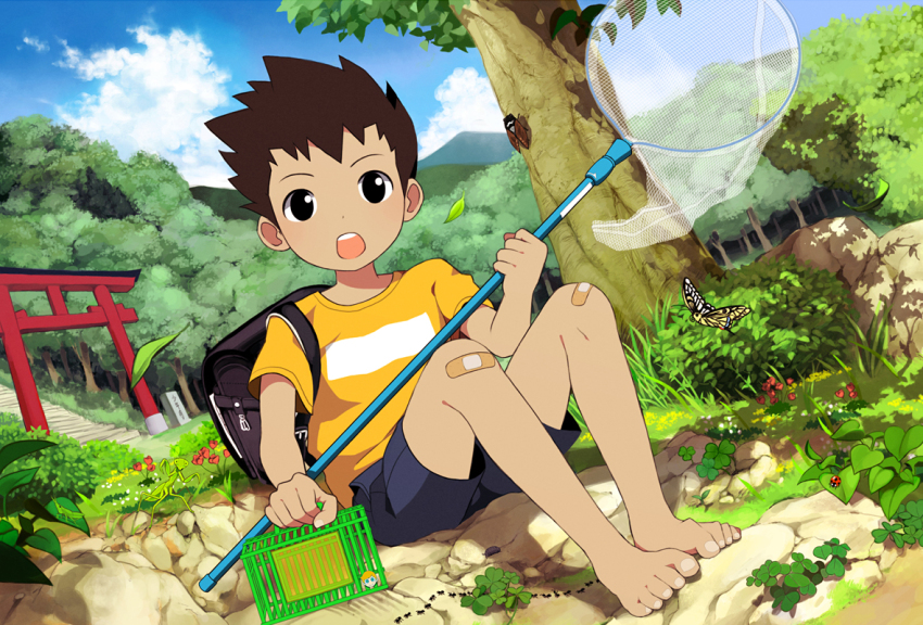 1boy ant backpack bag bandaid bandaid_on_knee bandaid_on_leg barefoot brown_hair bug butterfly cage child cicada clover day full_body hand_net insect ladybug leaf male_focus mauveboy net noeyebrow_(mauve) open_mouth original outdoors praying_mantis solo torii