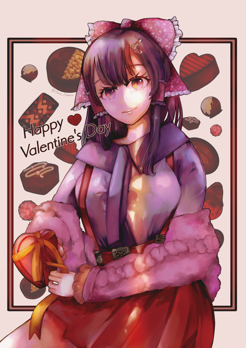 1girl absurdres alternate_costume bow box breasts brown_hair chocolate closed_mouth commentary cowboy_shot english_commentary english_text frilled_bow frilled_hair_tubes frills gift gift_box hair_bow hair_ornament hair_tubes hairclip hakurei_reimu happy_valentine head_tilt heart highres holding holding_gift light_smile long_hair long_sleeves looking_at_viewer medium_breasts mixed-language_commentary red_bow red_skirt ribbon scarf skirt solo touhou tukaima yellow_ribbon