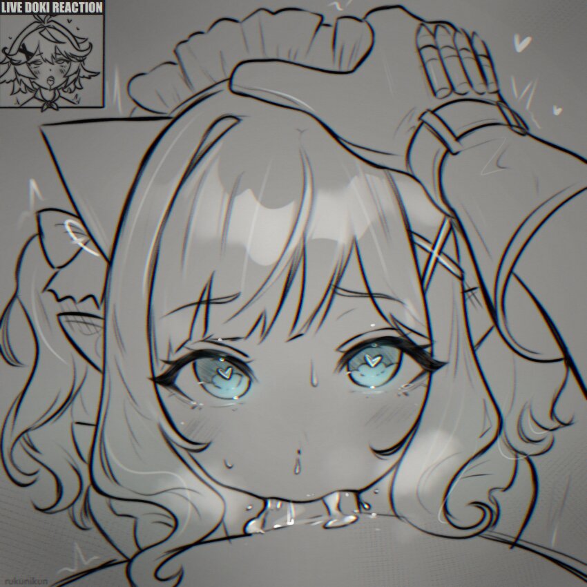 1futa 1girl absurdres ahegao blue_eyes commentary cum cum_in_mouth cum_overflow dokibird_(vtuber) dokibird_(vtuber)_(bounty_hunter) english_commentary fellatio futa_with_female futanari futanari_pov gloves greyscale hair_ornament hairclip hand_on_another&#039;s_head heart highres indie_virtual_youtuber inset live_tucker_reaction_(meme) looking_at_viewer maid_headdress meme mint_fantome monochrome oral penis pointy_ears pov rukunikun simple_background spot_color triangular_headpiece two_side_up virtual_youtuber wavy_hair x_hair_ornament