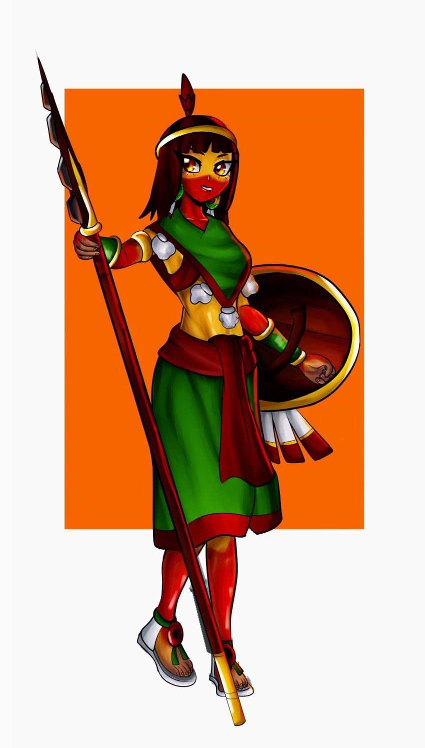 1girl absurdres baptistar2004 brown_hair highres long_hair mayan mayan_mythology polearm shield spear tribal weapon yellow_eyes