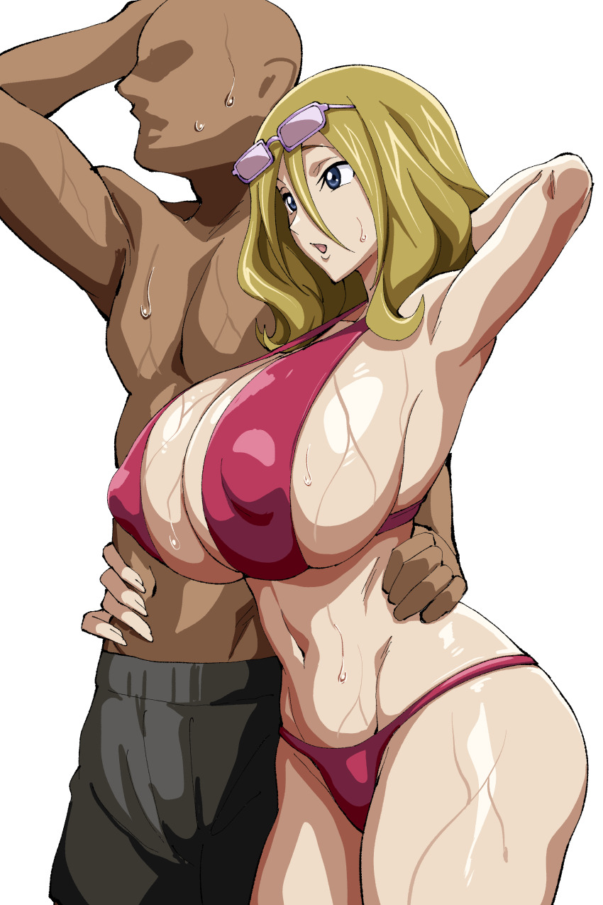 1boy 1girl absurdres armpits bikini blonde_hair blue_eyes breasts code_geass covered_erect_nipples eyewear_on_head faceless faceless_male hands_on_another&#039;s_hips highres huge_breasts iwao178 medium_hair milly_ashford open_mouth red_bikini sunglasses sweat swimsuit