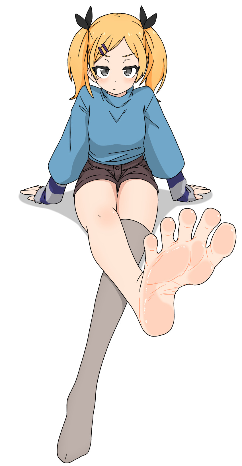 1girl absurdres barefoot blonde_hair blush feet grey_eyes hair_ornament hairclip highres long_hair looking_at_viewer nairo shirobako single_thighhigh soles thighhighs toes twintails yano_erika