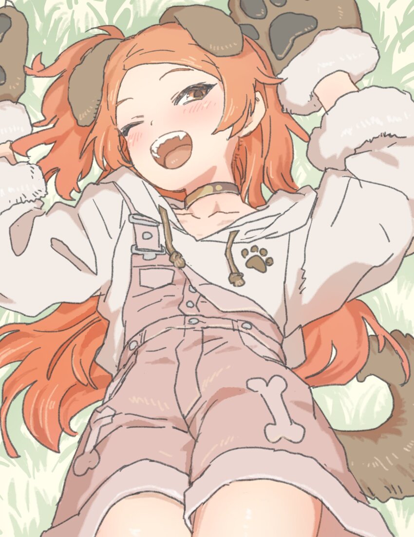 1girl animal_ears animal_hands arms_up blush breasts brown_eyes brown_gloves choker collarbone dog_ears dog_tail dot_nose fake_animal_ears fake_tail footprints from_above fur-trimmed_gloves fur-trimmed_hoodie fur_trim gloves grey_choker highres hood hoodie idolmaster idolmaster_million_live! idolmaster_million_live!_theater_days long_hair long_sleeves looking_at_viewer lying nametake ogami_tamaki on_back on_grass one_eye_closed one_side_up open_mouth orange_hair paw_gloves pink_shorts shorts small_breasts smile solo suspender_shorts suspenders tail teeth tongue upper_teeth_only wanwan_wonderful_(idolmaster) white_hoodie