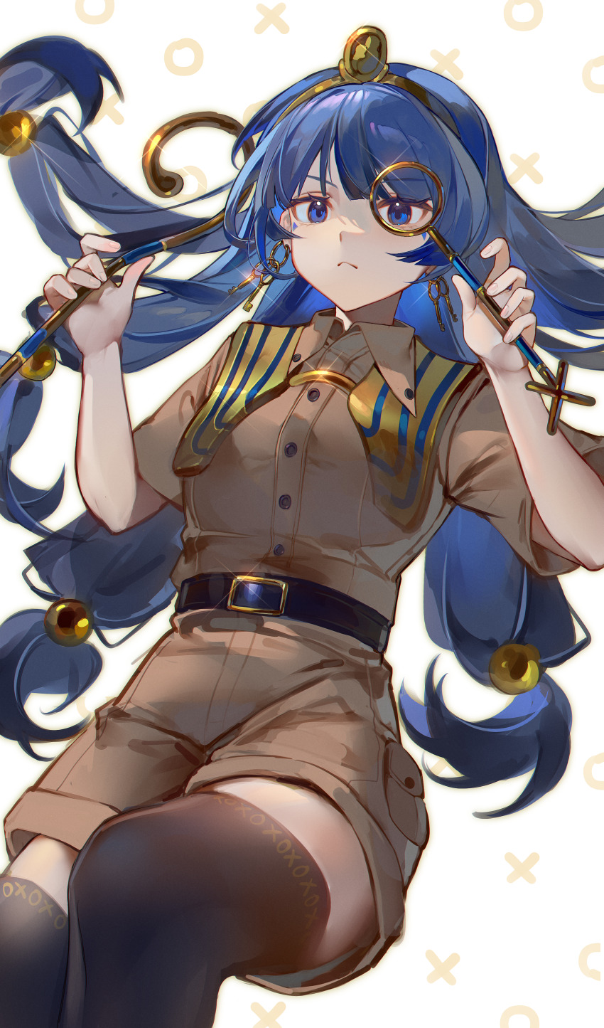 1girl absurdres belt belt_buckle black_belt black_thighhighs blue_eyes blue_hair brown_shirt brown_shorts buckle closed_mouth collared_shirt commentary earrings ender_xiaohai facial_tattoo floating_hair fossilized_wonders gold_buckle gold_earrings hair_bobbles hair_ornament headpiece highres holding holding_scepter holding_staff hoop_earrings jewelry key key_earrings long_hair looking_at_viewer low-tied_long_hair michigami_nareko pocket scepter shirt short_sleeves shorts solo staff tattoo thighhighs touhou very_long_hair wing_collar