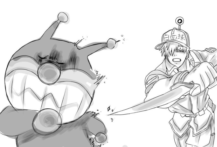 10s 2boys anpanman bad_id bad_twitter_id baikinman baseball_cap boots chasing clenched_teeth combat_knife constricted_pupils crossover fleeing greyscale hair_over_one_eye hat hataraku_saibou knife male_focus monochrome multiple_boys running shaded_face simple_background teeth trait_connection u-1146 weapon white_background white_blood_cell_(hataraku_saibou)