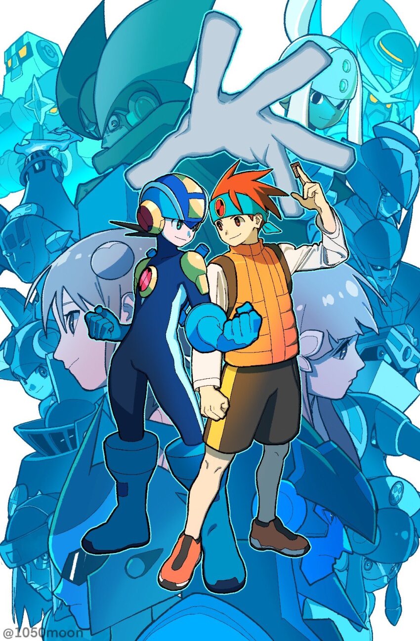 bass.exe_(mega_man) black_shorts blue_bodysuit blue_helmet bodysuit brown_eyes brown_hair character_request colonel.exe_(mega_man) elecman.exe fireman.exe full_body green_eyes gutsman.exe helmet highres iris.exe_(mega_man) lan_hikari_(mega_man) male_focus mayl_sakurai_(mega_man) meddy.exe_(mega_man) mega_man_(series) mega_man_battle_network_(series) megaman.exe napalmman.exe orange_vest protoman.exe roll.exe_(mega_man) searchman.exe serenade_(mega_man) shademan.exe shadowman.exe shimizugawa shirt shorts twitter_username vest white_background white_shirt