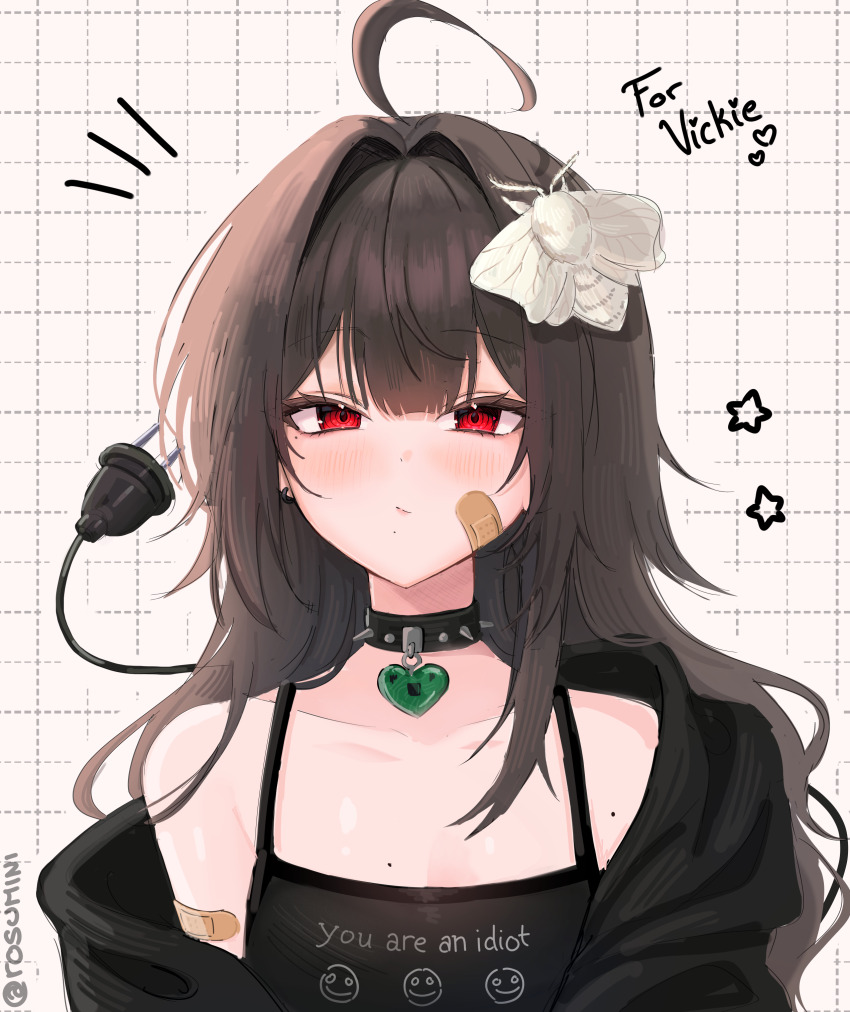 1girl :/ absurdres ahoge art_trade bandaid bandaid_on_face black_jacket black_tank_top blush borrowed_character brown_hair cable cable_tail choker closed_mouth collarbone electrical_connector grid_background hair_intakes highres jacket long_hair looking_at_viewer mechanical_tail mole mole_under_eye mole_under_mouth moth_on_head notice_lines original red_eyes rosumini second-party_source single_bare_shoulder single_off_shoulder solo spiked_choker spikes star_(symbol) tail tank_top twitter_username upper_body vickie_(cryingrobot)_(character) you_are_an_idiot_(virus)