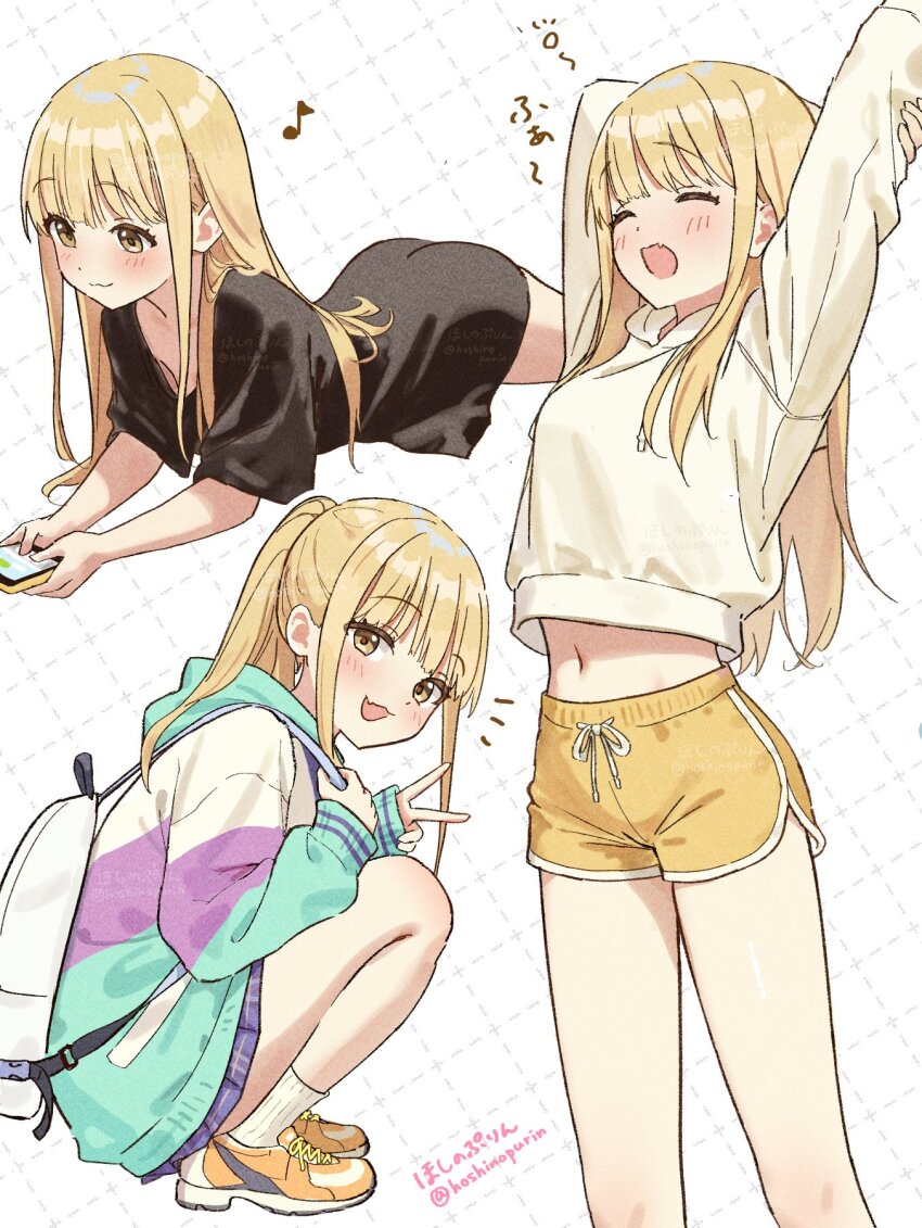 1girl backpack bag bare_legs black_shirt blush closed_eyes closed_mouth commentary_request dolphin_shorts fujita_kotone gakuen_idolmaster grid_background highres hoshinopurin idolmaster looking_at_viewer lying midriff multiple_views musical_note navel on_stomach open_mouth oversized_clothes oversized_shirt shirt shorts simple_background squatting squeans stretching sweater t-shirt text_messaging twitter_username v variations white_sweater yawning yellow_shorts