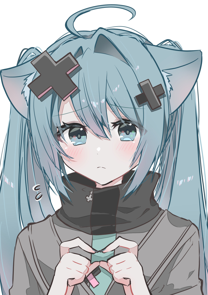 1girl absurdres ahoge animal_ear_fluff animal_ears aqua_eyes aqua_hair aqua_nails batsu_miku blush closed_mouth flying_sweatdrops grey_jacket hair_between_eyes hair_ornament hatsune_miku highres jacket kowareta_sekai_to_utaenai_miku long_hair project_sekai ria_art simple_background solo turtleneck turtleneck_jacket twintails upper_body very_long_hair vocaloid white_background x_hair_ornament