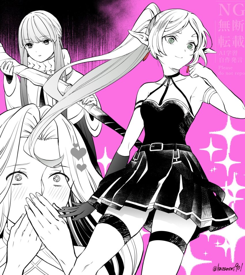 +_+ 1girl arm_up armband ass bare_shoulders black_choker breasts choker collarbone commentary_request cosplay cowboy_shot detached_sleeves dress earrings elbow_gloves elf fern_(sousou_no_frieren) floating_hair frieren gloves green_eyes highres jewelry methode_(sousou_no_frieren) nanahachi_77889 parted_bangs partially_colored pink_background pleated_dress pointy_ears ponytail scarf sein_(sousou_no_frieren) sidelocks small_breasts solo sousou_no_frieren spot_color thick_eyebrows thigh_strap thighs ubel_(sousou_no_frieren) ubel_(sousou_no_frieren)_(cosplay) upper_body