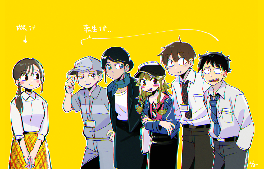 3boys 3girls baseball_cap blue_eyes blush_stickers breasts green_hair hat heart_(mad_rat_dead) highres humanization mad_rat mad_rat_dead mob_rat_(mad_rat_dead) multiple_boys multiple_girls nippon_ichi rat_god red_eyes sunglasses the_cat_(mad_rat_dead) the_girl_(mad_rat_dead) tie_clip