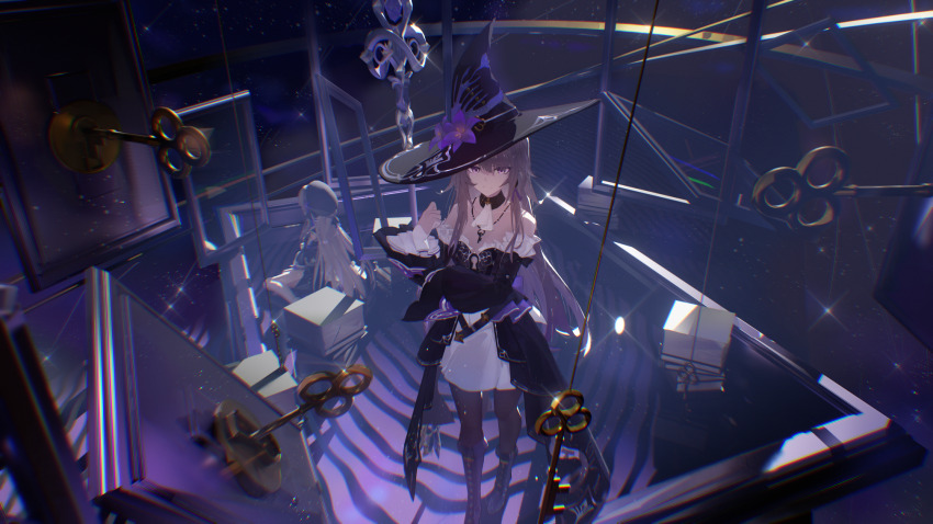 2girls ascot bare_shoulders black_boots black_choker black_dress black_hat black_pantyhose boots brown_hair choker closed_mouth commentary_request dress fashi_laizi_weilai flower foot_out_of_frame hand_up hat hat_flower herta_(honkai:_star_rail) herta_(puppet)_(honkai:_star_rail) highres honkai:_star_rail honkai_(series) jewelry key key_necklace light_smile long_hair long_sleeves looking_ahead multiple_girls necklace pantyhose purple_eyes purple_flower skirt solo_focus standing the_herta_(honkai:_star_rail) white_ascot white_skirt wide_sleeves witch_hat