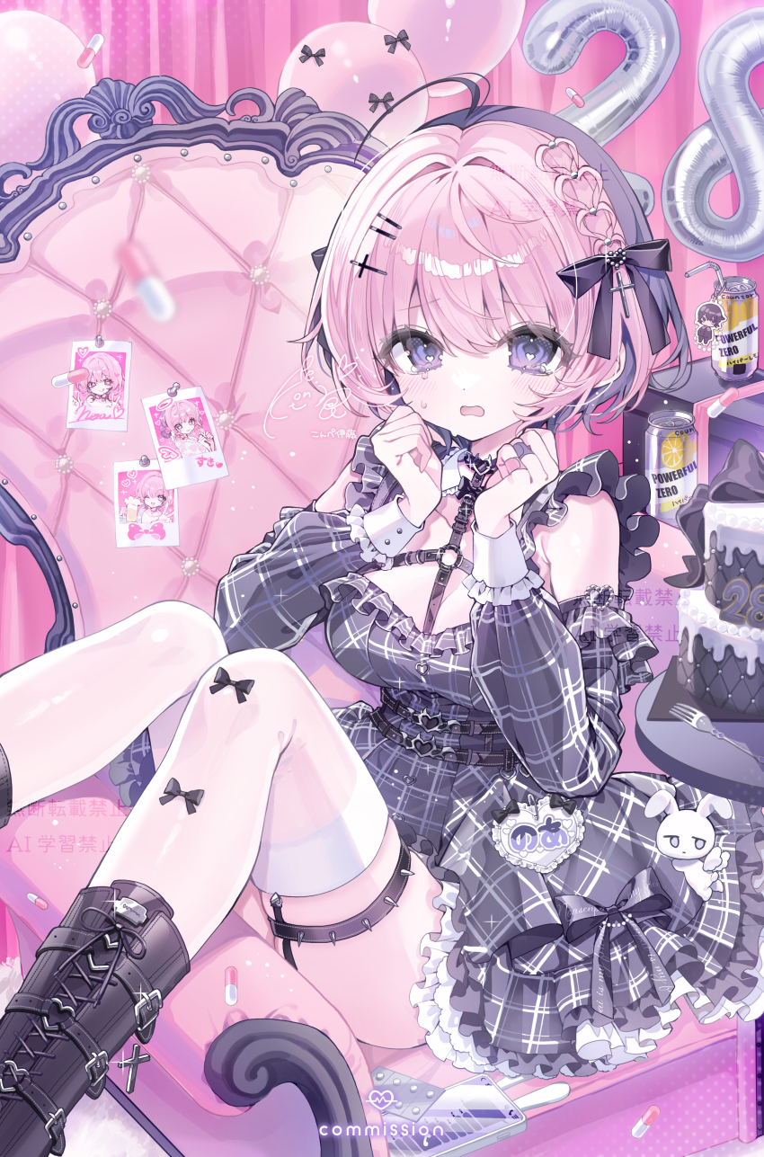 1girl absurdres ahoge armchair armpit_crease balloon bandaid bandaid_on_finger belt between_breasts birthday_cake black_belt black_boots black_bow black_dress black_garter_straps black_ribbon black_sleeves blister_pack blurry blurry_foreground blush boots bow bow_legwear breasts cake can cellphone chair chest_harness collarbone commission cross_hair_ornament detached_sleeves dress drinking_straw food fork frilled_dress frills garter_straps glint gloves hair_intakes hair_ornament hair_ribbon hairclip harness heart heart_in_eye highres jirai_kei konpe_itou long_sleeves looking_at_viewer medium_hair multicolored_hair name_tag noa-senpai_wa_tomodachi. o-ring o-ring_harness official_art open_mouth phone photo_(object) pill pink_background pink_bandaid pink_hair pink_theme plaid_clothes plaid_dress plaid_sleeves purple_eyes purple_hair ribbon rug safety_pin saotome_noa signature sitting smartphone solo spiked_thigh_strap split-color_hair strap_between_breasts stuffed_animal stuffed_rabbit stuffed_toy symbol_in_eye tears thighhighs thighs two-tone_hair white_thighhighs