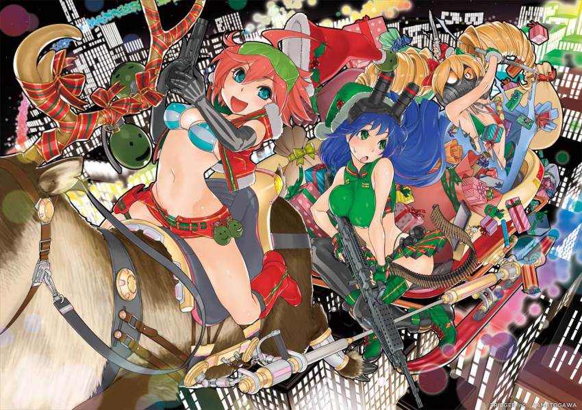 3girls ammunition_belt bikini bikini_top_only blonde_hair blue_hair bullet christmas city city_lights drill_hair explosive frag_(trigger) gift grenade gun handgun hat light_machine_gun luluco machine_gun miniskirt multiple_girls muzzle_(trigger) pink_hair pistol reindeer sack santa_hat sig_sauer skirt sleigh spring_(trigger) swimsuit trigger-chan trigger_(company) uchuu_patrol_luluco weapon yamatogawa