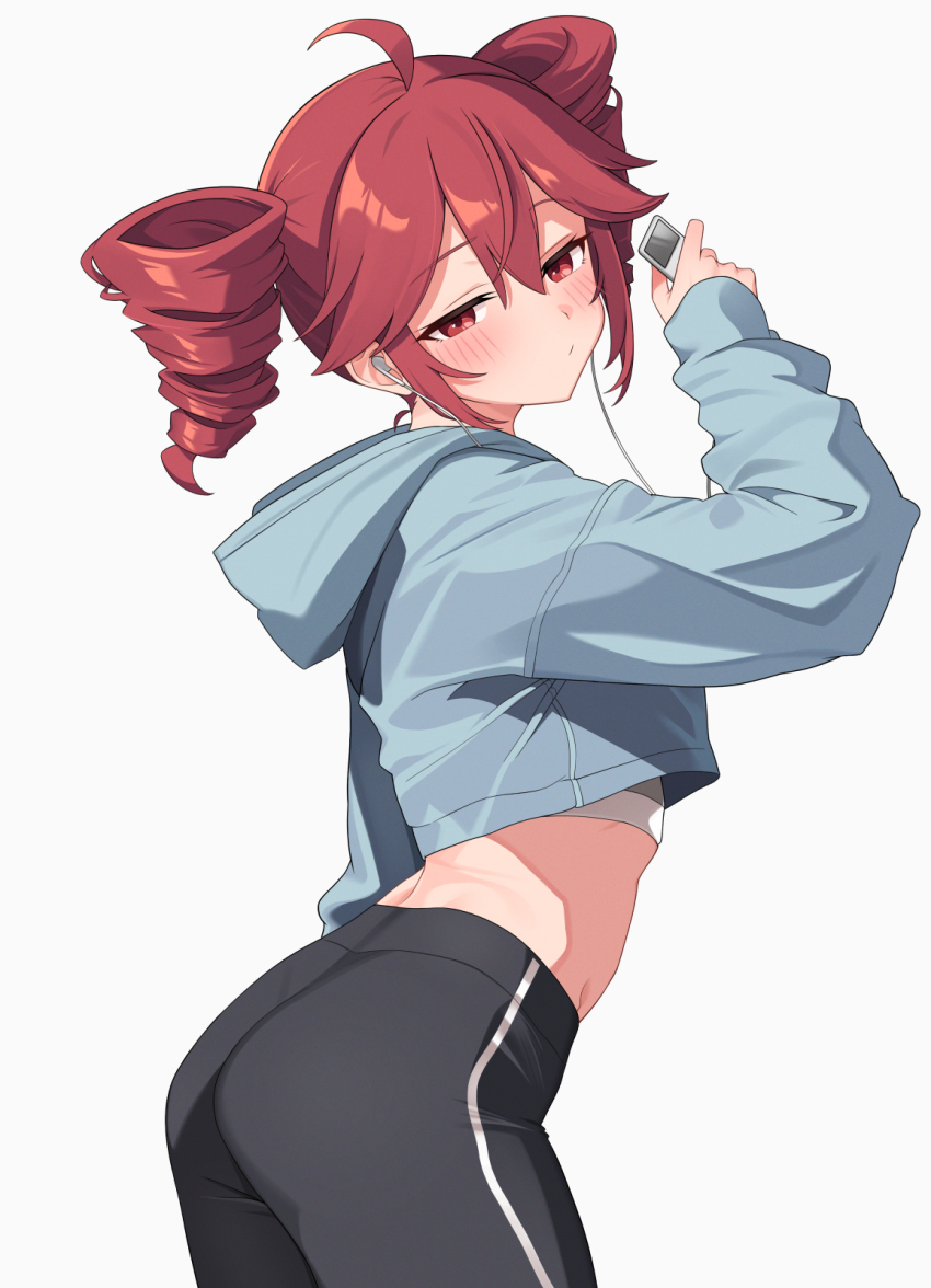 1girl ahoge blue_jacket commentary drill_hair grey_background highres hiroikara_(smhong04) holding hood hooded_jacket jacket kasane_teto long_sleeves looking_at_viewer midriff red_hair short_hair simple_background solo twin_drills utau