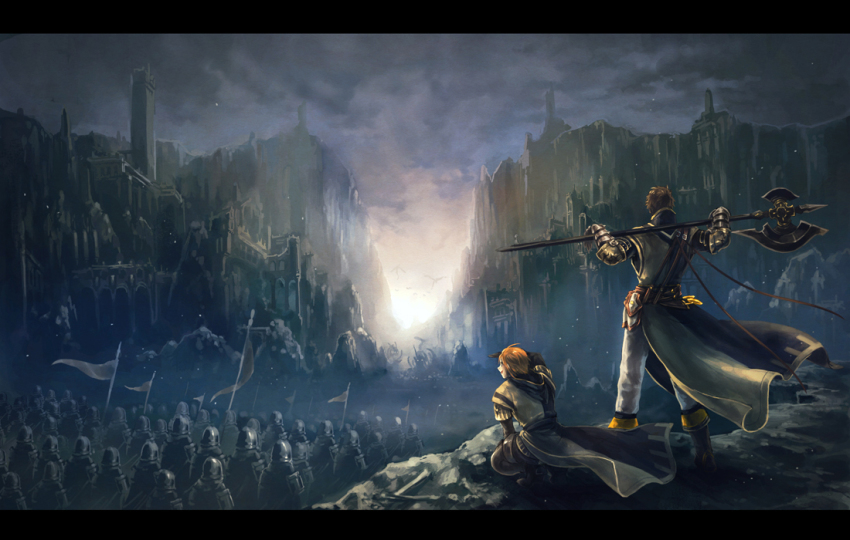 1boy 1girl armor army axe back battle_axe brown_hair canyon cliff cocodar dragon fantasy flag halberd hood kneeling letterboxed monster orange_hair original over_shoulder pixiv_fantasia pixiv_fantasia_fallen_kings polearm robe ruins short_hair soldier weapon weapon_over_shoulder