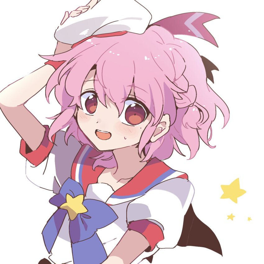 1boy :d arm_up blue_bow blush bow braid hair_between_eyes hand_on_headwear hat highres idol_clothes looking_at_viewer male_focus mole mole_under_eye nojima_minami open_mouth pink_hair pretty_series pripara puffy_short_sleeves puffy_sleeves red_eyes red_sailor_collar reona_west sailor_collar sailor_hat shirt short_hair short_sleeves side_braid smile solo sweatdrop trap upper_body white_background white_hat white_shirt