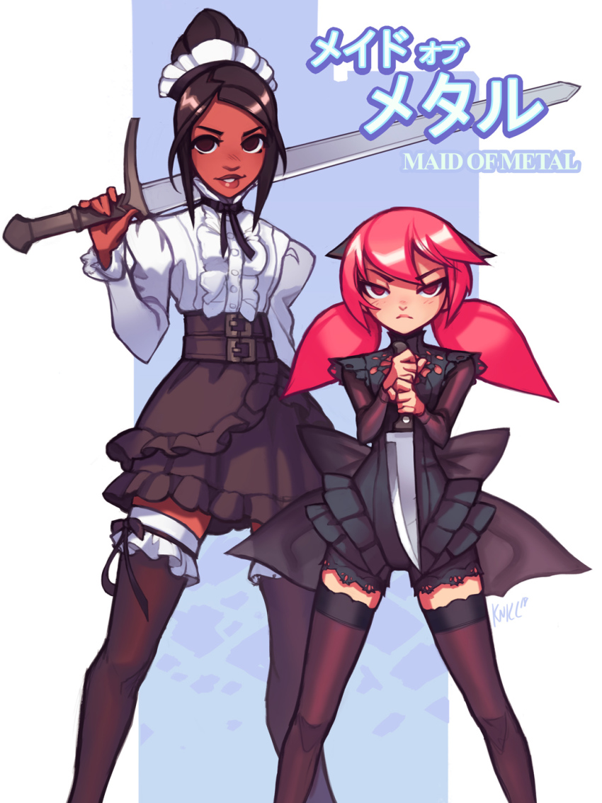 2girls bow brown_eyes brown_hair dark-skinned_female dark_skin dress frills hair_bun highres kienan_lafferty knife long_sleeves looking_at_viewer multiple_girls original pink_eyes pink_hair short_twintails single_hair_bun standing sword tall thighhighs twintails upper_body weapon