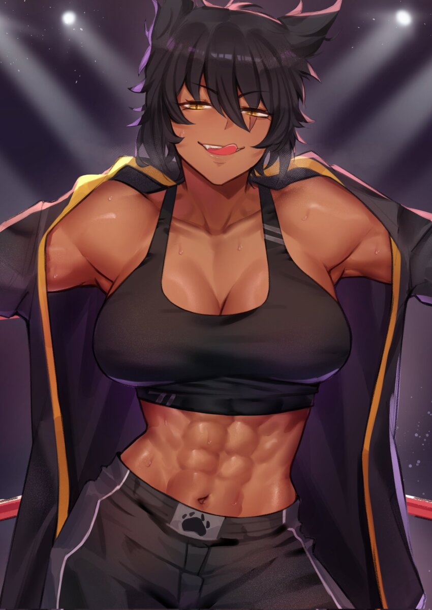 1girl abs animal_ears black_hair boxer boxing boxing_ring boxing_shorts breasts cat_ears cat_girl cleavage commentary dark_skin deccatezu english_commentary highres leila_(awastedninja) muscular muscular_female original paw_print short_hair shorts smile solo spotlight sweat tank_top tongue tongue_out yellow_eyes