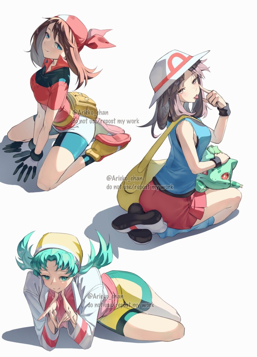 3girls ariekochan bandana blue_eyes blue_shirt breasts brown_hair bulbasaur english_text full_body gen_1_pokemon green_hair green_shorts hat highres jacket kneeling kris_(pokemon) leaf_(pokemon) long_hair looking_at_viewer may_(pokemon) medium_breasts miniskirt multiple_girls nintendo pokemon pokemon_(creature) pokemon_frlg pokemon_gsc pokemon_rse red_bandana red_jacket red_shirt red_skirt shirt shorts simple_background skirt sleeveless sleeveless_shirt smile tongue tongue_out white_background white_hat white_jacket yellow_hat yellow_shorts