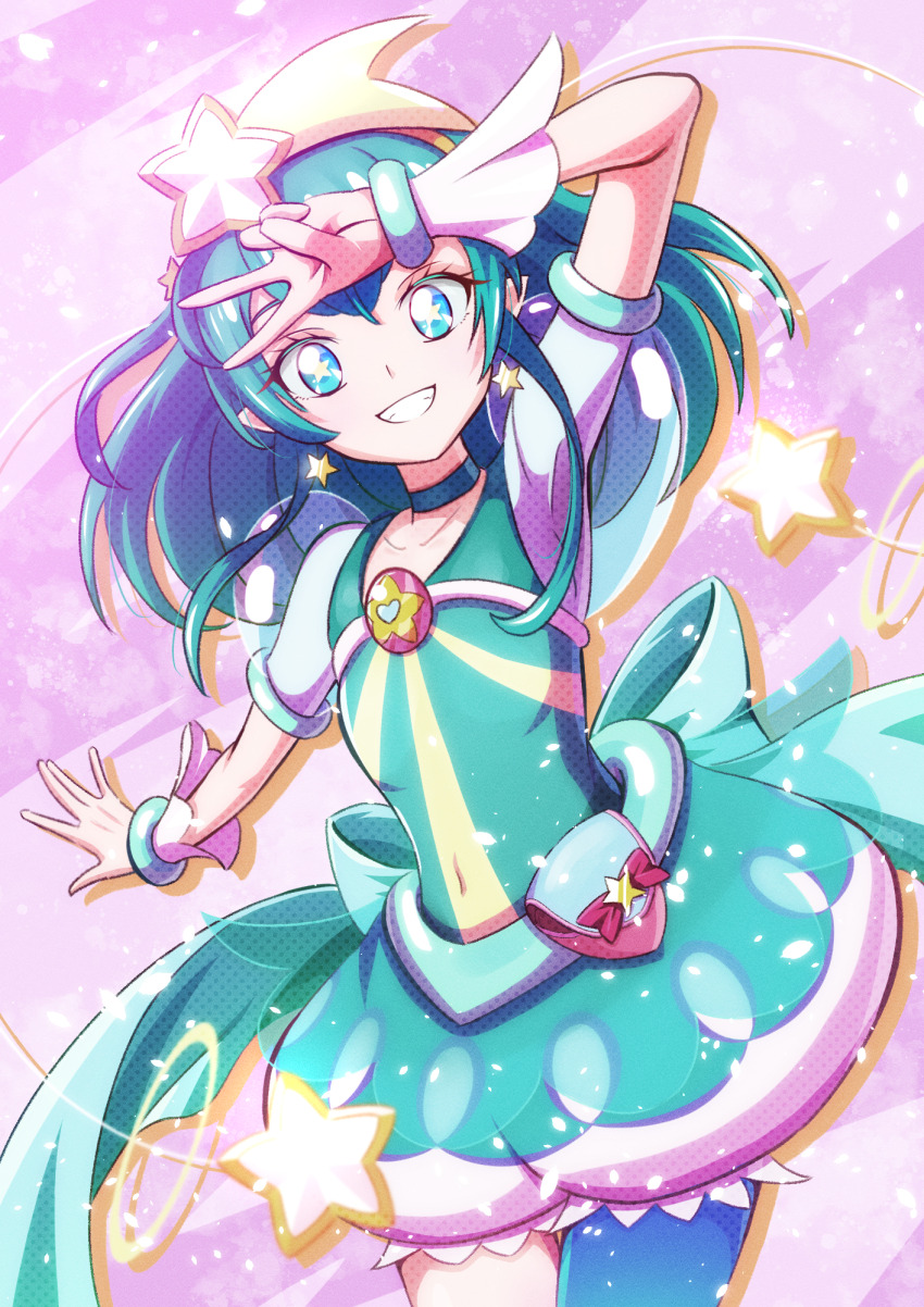 1girl aqua_bow aqua_bowtie aqua_choker aqua_dress aqua_eyes aqua_hair aqua_pantyhose back_bow bow bowtie brooch choker commentary cowboy_shot cure_milky dress earrings grin h_knight_37 hagoromo_lala hair_ornament hairband highres jewelry large_bow looking_at_viewer magical_girl medium_hair pantyhose pointy_ears pouch precure puffy_short_sleeves puffy_sleeves see-through_clothes see-through_sleeves short_dress short_sleeves single_leg_pantyhose smile solo standing star-shaped_pupils star_(symbol) star_brooch star_earrings star_hair_ornament star_twinkle_precure symbol-shaped_pupils v v_over_eye wrist_cuffs yellow_hairband