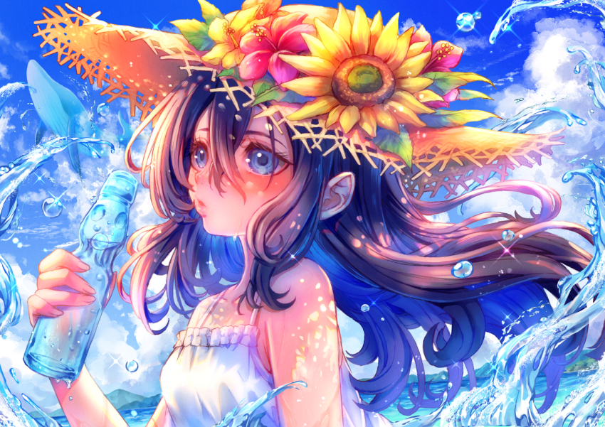 1girl bare_shoulders beach blue_eyes blue_sky blush bottle breasts commentary_request diffraction_spikes dress eyelashes flower flying_whale from_side hat hat_flower holding holding_bottle kodue55 looking_afar looking_ahead ocean original ramune sky sleeveless sleeveless_dress small_breasts solo spaghetti_strap straw_hat sun_hat sundress sunflower upper_body water_drop whale white_dress
