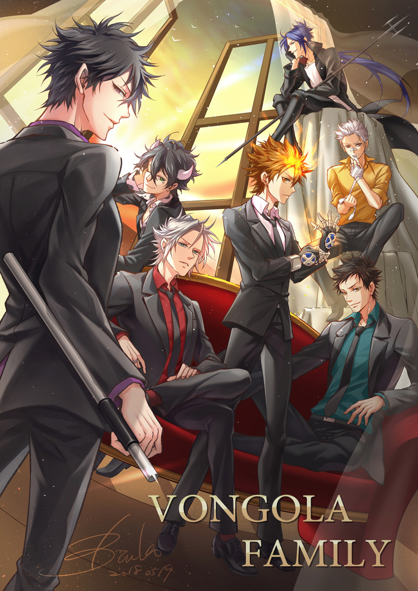 6+boys adjusting_clothes adjusting_gloves adjusting_hair animal_print bandaged_hand bandages bird biting black_hair blue_eyes blue_shirt bottletulip brown_eyes brown_hair business_suit collared_shirt cow_horns cow_print ear_piercing eyepatch fire fire floating floating_hair formal_clothes from_behind gloves gokudera_hayato green_eyes grey_eyes hair_between_eyes hands_up hibari_kyouya highres holding holding_weapon horns jacket jewelry katekyo_hitman_reborn! lambo long_hair long_sleeves looking_at_viewer male_focus multiple_boys necktie pants parted_lips piercing purple_eyes purple_hair purple_shirt red_shirt ring rokudou_mukuro sasagawa_ryohei sawada_tsunayoshi shirt short_hair sitting sky sleeves_rolled_up smile standing suit tonfa weapon white_hair window yamamoto_takeshi yellow_shirt
