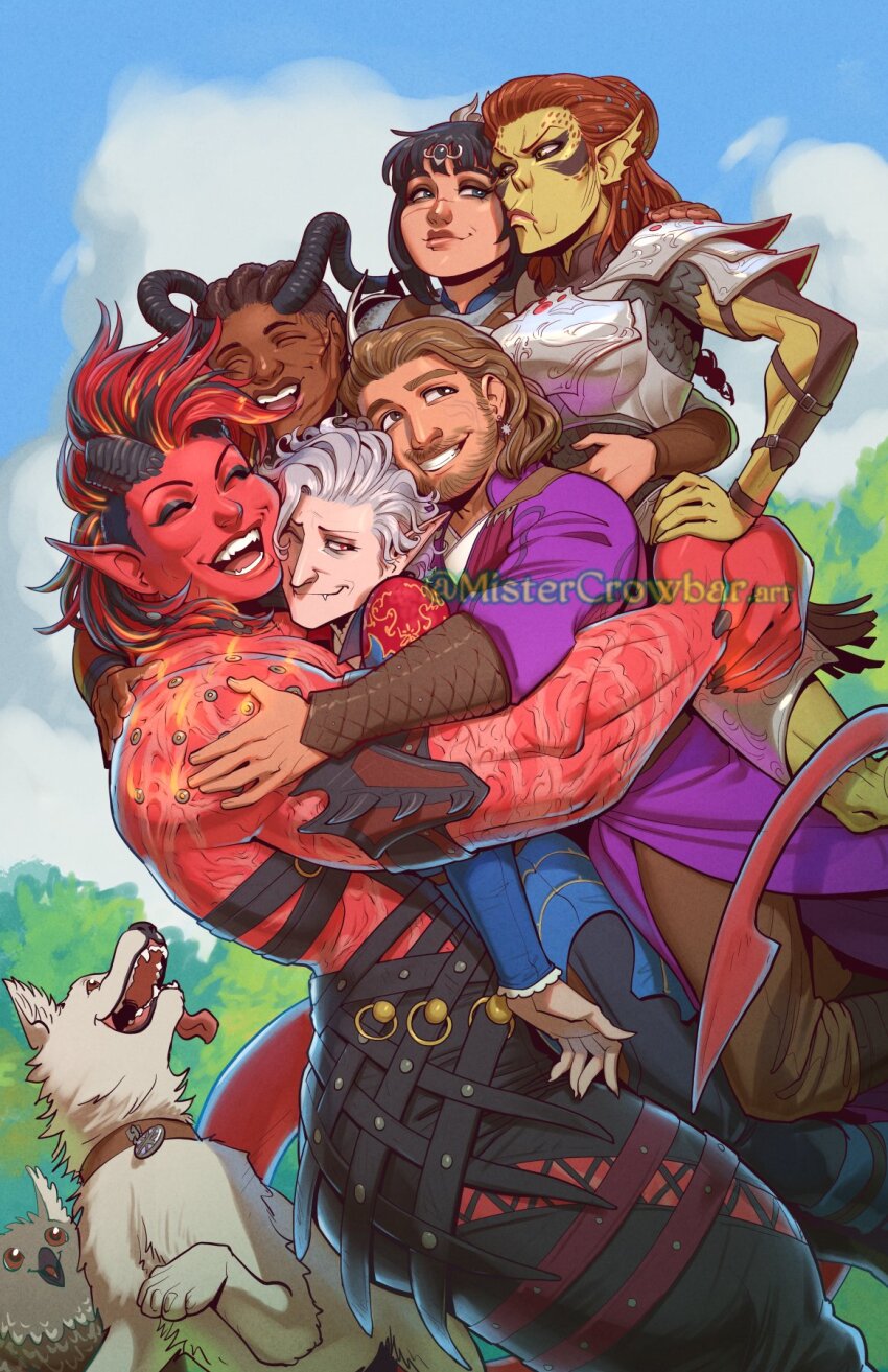 3boys 3girls artist_name astarion baldur&#039;s_gate baldur&#039;s_gate_3 beard black_hair blue_sky braid brown_hair closed_eyes cloud colored_skin curly_hair dark-skinned_male dark_skin day dog dungeons_&amp;_dragons dungeons_&amp;_dragons elf everyone facial_hair facial_mark gale_(baldur&#039;s_gate) green_skin grin group_hug highres horns hug injury karlach lae&#039;zel long_hair medium_hair mistercrowbar multicolored_hair multiple_boys multiple_girls open_mouth outdoors owlbear pointy_ears red_eyes red_skin scratch_(baldur&#039;s_gate) shadowheart_(baldur&#039;s_gate) short_hair single_braid sky smile streaked_hair tail teeth tiefling vampire white_hair wyll_(baldur&#039;s_gate)