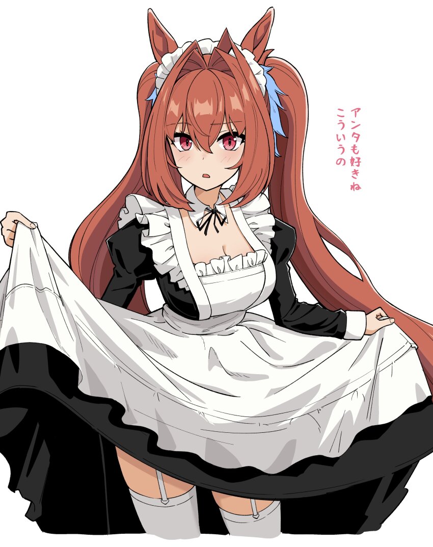 1girl absurdres animal_ears apron black_dress breasts brown_hair cleavage daiwa_scarlet_(umamusume) dress garter_straps highres horse_ears horse_girl large_breasts lifting_own_clothes long_sleeves maid maid_headdress oxymoron_0213 puffy_long_sleeves puffy_sleeves red_eyes simple_background solo tiara twintails umamusume white_apron white_background
