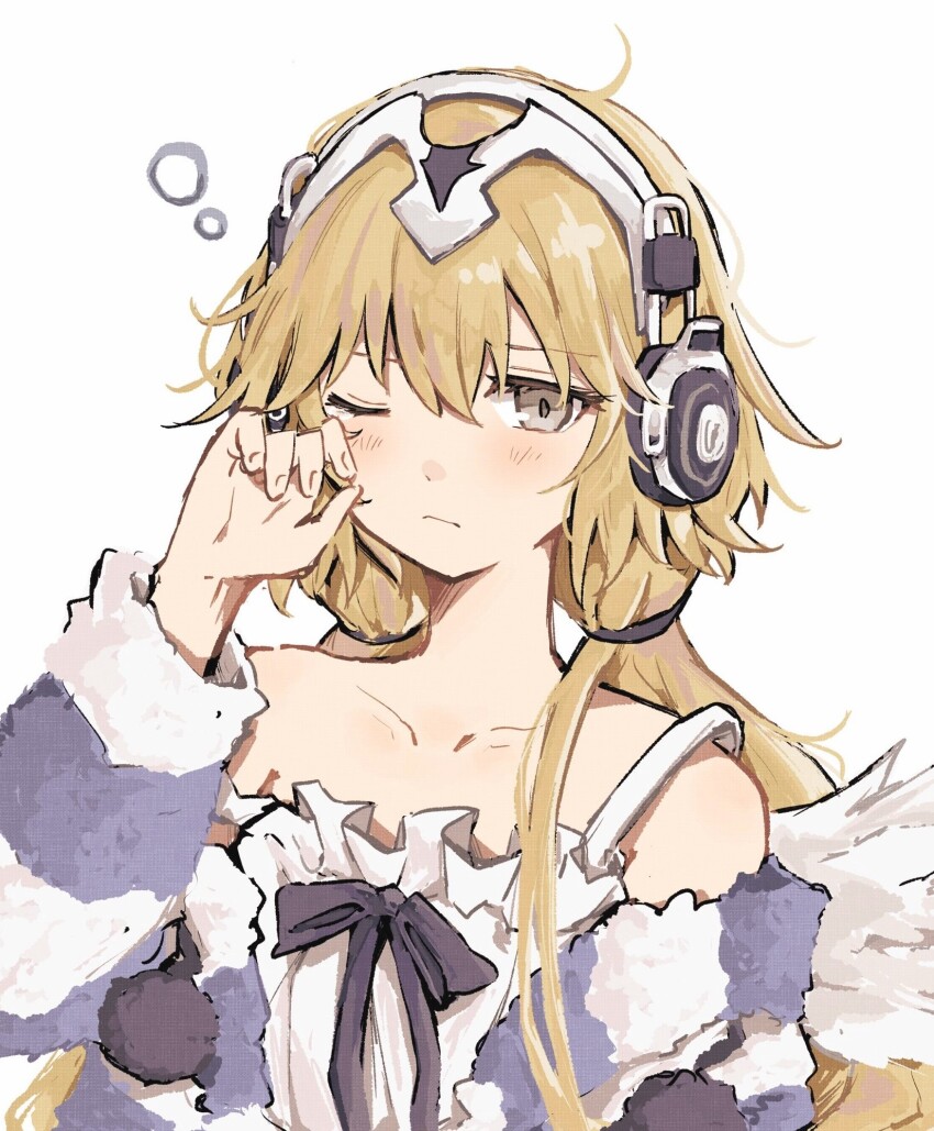 1girl blush brown_eyes closed_mouth collarbone dress fate/grand_order fate_(series) fgo_si fingernails hair_between_eyes headphones highres jeanne_d&#039;arc_(fate) long_hair metatron_jeanne_(fate) metatron_jeanne_(second_ascension)_(fate) off_shoulder one_eye_closed shirt simple_background solo very_long_hair white_dress white_shirt
