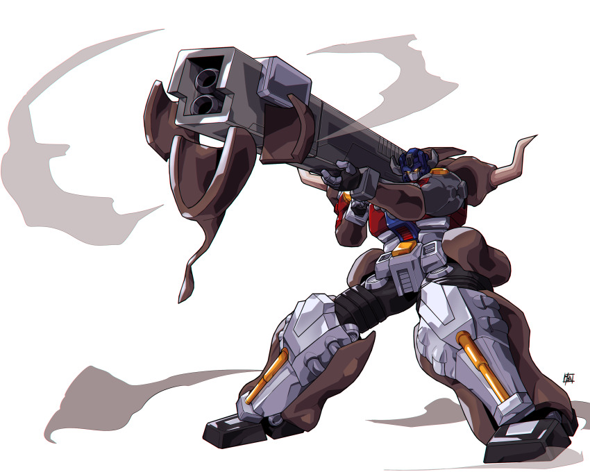 absurdres beast_wars beast_wars_neo big_convoy commentary_request gun highres holding holding_gun holding_weapon horns maximal mecha nasutetsu no_humans orange_eyes robot simple_background smoke transformers weapon white_background