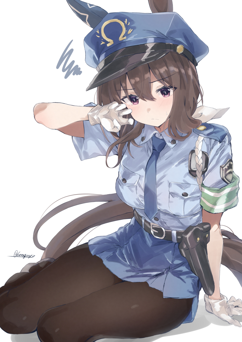 1girl admire_vega_(umamusume) alternate_costume animal_ears black_hair blue_hat gloves hat highres horse_ears horse_girl horse_tail kannagiray long_hair looking_at_viewer police police_uniform policewoman simple_background solo tail umamusume white_background white_gloves