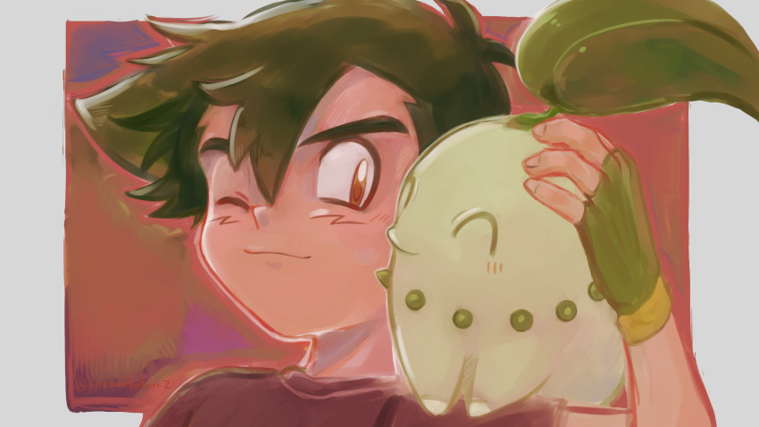 1boy ash_ketchum black_hair blush chikorita closed_eyes closed_mouth commentary_request creatures_(company) game_freak gen_2_pokemon hand_on_another&#039;s_head highres leaf male_focus nintendo no_headwear on_shoulder one_eye_closed pokemon pokemon_(anime) pokemon_(classic_anime) pokemon_(creature) pokemon_on_shoulder portrait short_hair smile umebosibakari2