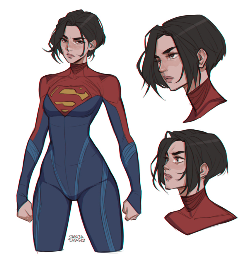 1girl artist_name black_eyes black_hair blue_bodysuit bodysuit commentary dc_comics dc_extended_universe english_commentary highres lips long_sleeves pink_lips red_bodysuit sanjadraws short_hair simple_background solo supergirl the_flash_(movie) two-tone_bodysuit white_background
