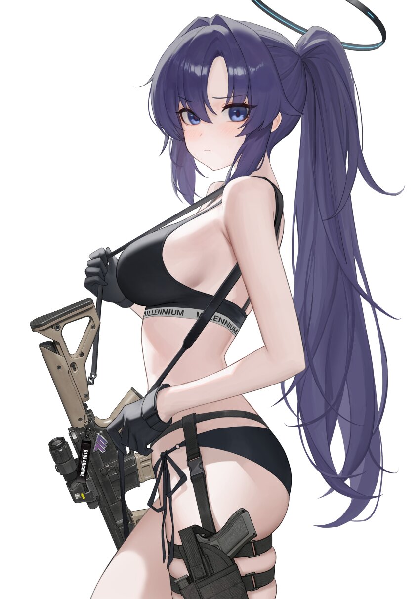 1girl absurdres alternate_hairstyle bikini bikini_bottom_only black_bikini black_gloves black_halo black_sports_bra blue_archive blue_eyes blue_hair breasts closed_mouth commentary_request cowboy_shot gloves gun hair_intakes halo handgun heine_(haloo1101) highres holster long_hair looking_at_viewer mechanical_halo medium_breasts ponytail side-tie_bikini_bottom simple_background solo sports_bra swimsuit thigh_holster thighs weapon weapon_case weapon_request white_background yuuka_(blue_archive)