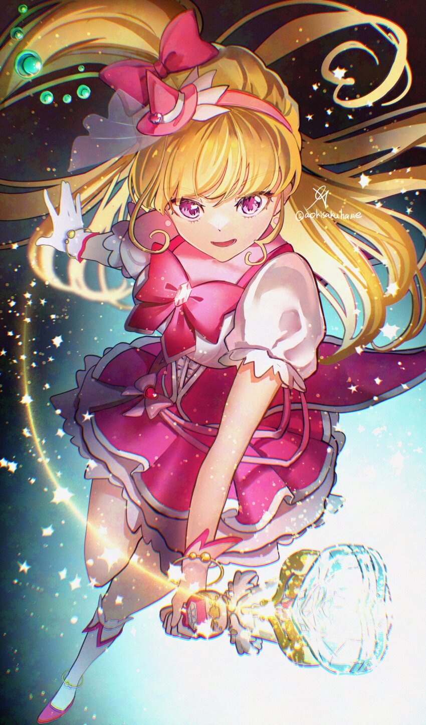 1girl aoi_hane asahina_mirai blonde_hair bow bowtie brooch cure_miracle dress gloves hair_bow hairband hat high_heels highres jewelry kneehighs long_hair magical_girl mahou_girls_precure! mahou_girls_precure!!_mirai_days one_side_up open_mouth pink_bow pink_bowtie pink_hairband pink_hat pink_shoes precure puffy_short_sleeves puffy_sleeves purple_eyes shoes short_sleeves signature socks solo twitter_username two-tone_dress white_gloves white_socks witch_hat