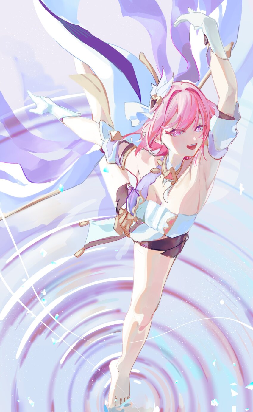 1girl absurdres bare_legs barefoot black_shorts breasts cleavage corset crystal_shards detached_sleeves elf elysia_(herrscher_of_human:_ego)_(honkai_impact) elysia_(honkai_impact) gloves hair_ornament highres honkai_(series) honkai_impact_3rd large_breasts leg_up looking_at_viewer open_mouth pink_hair pointy_ears purple_eyes roena short_hair short_shorts short_sleeves shorts teeth toes triquetra upper_teeth_only wading white_corset white_gloves