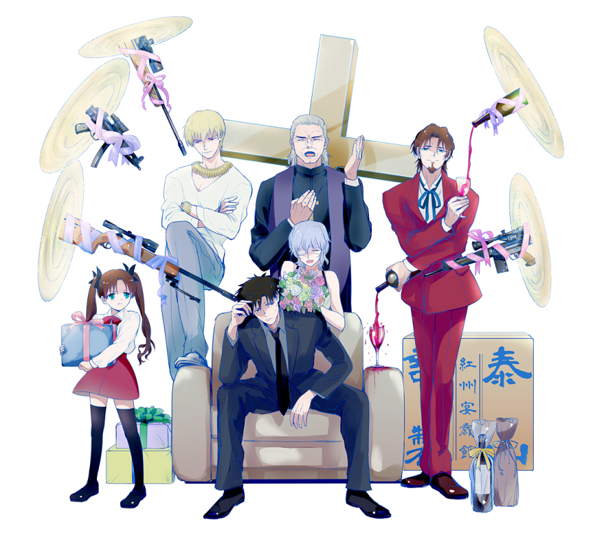 2girls 4boys alcohol bad_id bad_pixiv_id claudia_hortensia couch cross emiya_kiritsugu fate/zero fate_(series) gate_of_babylon_(fate) gift gilgamesh_(fate) gun kotomine_risei multiple_boys multiple_girls official_alternate_costume ribbon rifle sniper_rifle tohsaka_rin tohsaka_rin_(fate/zero) tohsaka_tokiomi weapon wine yamakawatani