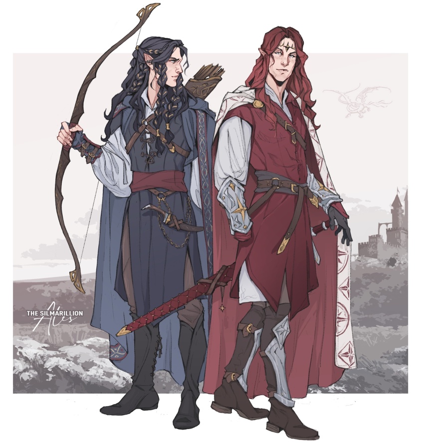 2boys ales archery_shooting_glove armor arrow_(projectile) belt belt_chain black_footwear black_gloves black_hair blue_cape boots border bow_(weapon) bracer braid brown_belt brown_footwear brown_pants cape castle circlet collared_shirt crest dragon elf family_crest fingon gloves gold_ribbon grey_background grey_eyes grey_shirt hair_ribbon highres holding holding_bow_(weapon) holding_weapon knife knife_sheath leg_armor long_hair long_sleeves looking_at_another looking_at_viewer maedhros male_focus missing_limb multiple_boys outdoors pants partially_fingerless_gloves pointy_ears print_cape quiver red_belt red_cape red_hair ribbon scabbard sheath sheathed shirt side_braids sword the_silmarillion tolkien&#039;s_legendarium tolkien&#039;s_legendarium wavy_hair weapon white_border white_cape wooden_bow_(weapon)