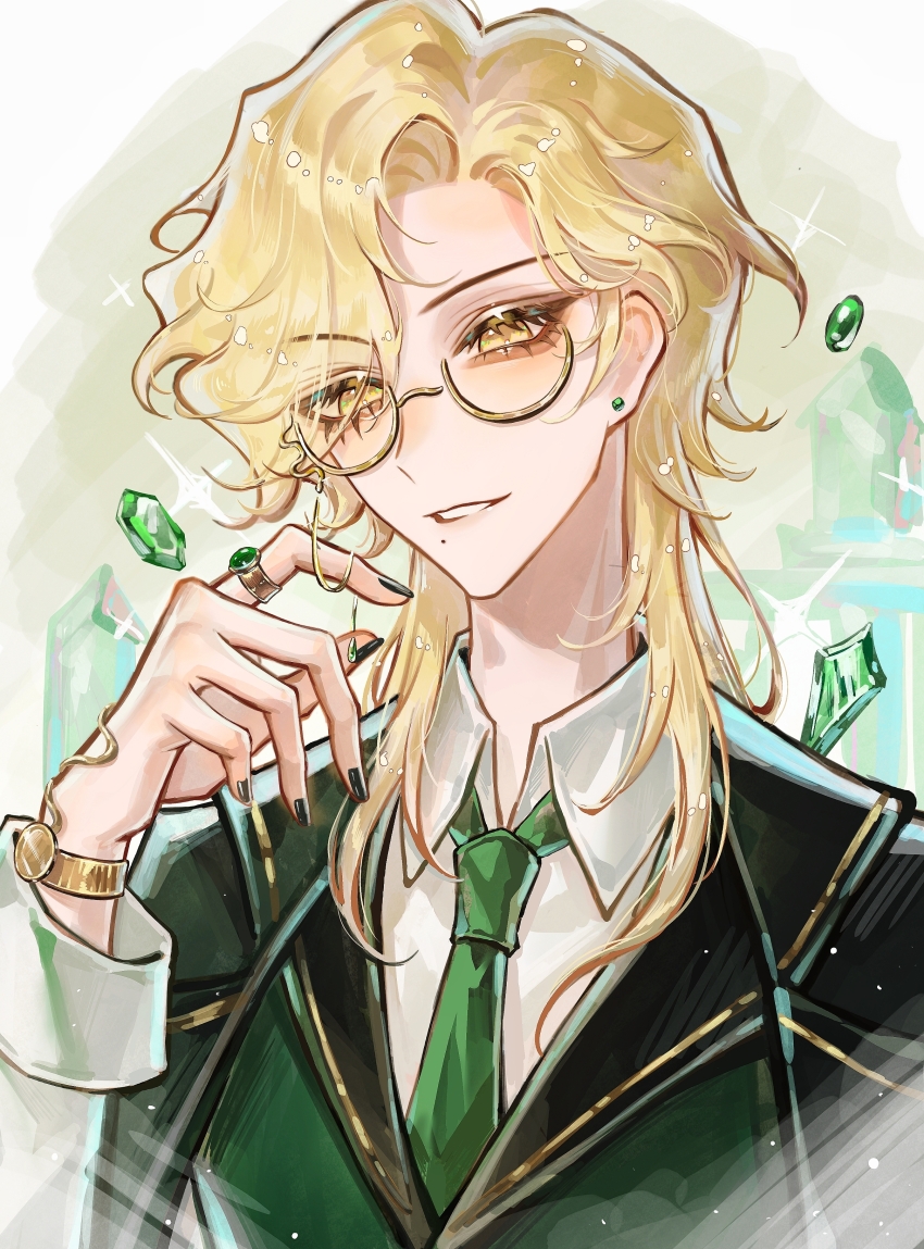 1boy absurdres black_nails blonde_hair collared_shirt curtained_hair earrings eyes_visible_through_hair eyewear_strap gem glasses gold_trim green_gemstone green_jacket green_necktie green_vest hair_over_one_eye hand_up highres identity_v jacket jacket_on_shoulders jewelry long_sleeves looking_at_viewer male_focus medium_hair mole mole_under_mouth nail_polish necktie official_alternate_costume parted_lips richard_sterling ring semi-rimless_eyewear shirt sleeve_cuffs smile solo stud_earrings under-rim_eyewear upper_body vest watch white_shirt wristwatch yellow-framed_eyewear yellow_eyes zhumojian