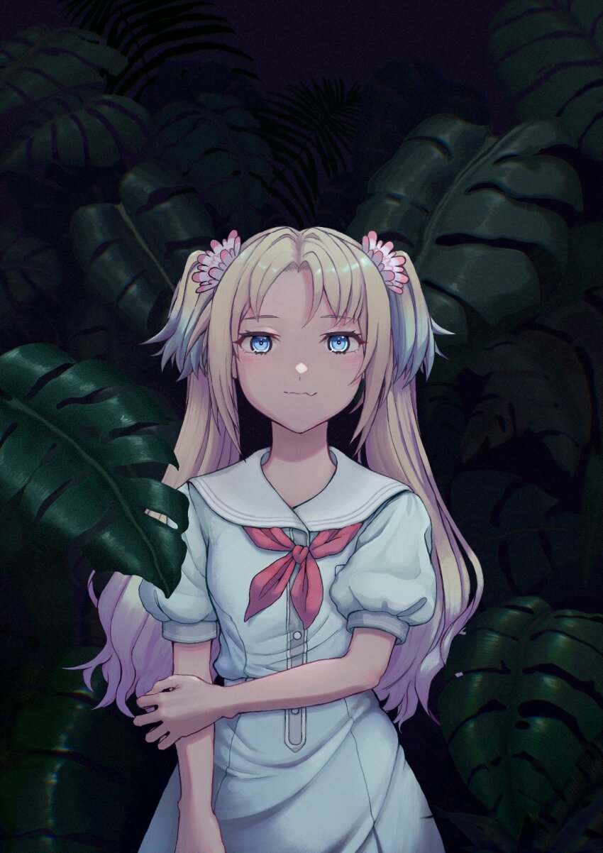 1girl blonde_hair blue_dress blue_eyes blue_hair breast_pocket commentary_request cowboy_shot curtained_hair dress fang fang_out flower gradient_hair hair_flower hair_ornament hand_on_own_elbow hasu_no_sora_school_uniform highres link!_like!_love_live! long_hair looking_at_viewer love_live! mono_coto multicolored_hair neckerchief night osawa_rurino palm_leaf palm_tree parted_bangs pink_flower pleated_dress pocket puffy_short_sleeves puffy_sleeves red_neckerchief sailor_collar sailor_dress school_uniform short_sleeves skin_fang smile solo straight-on summer_uniform tree twintails virtual_youtuber white_sailor_collar