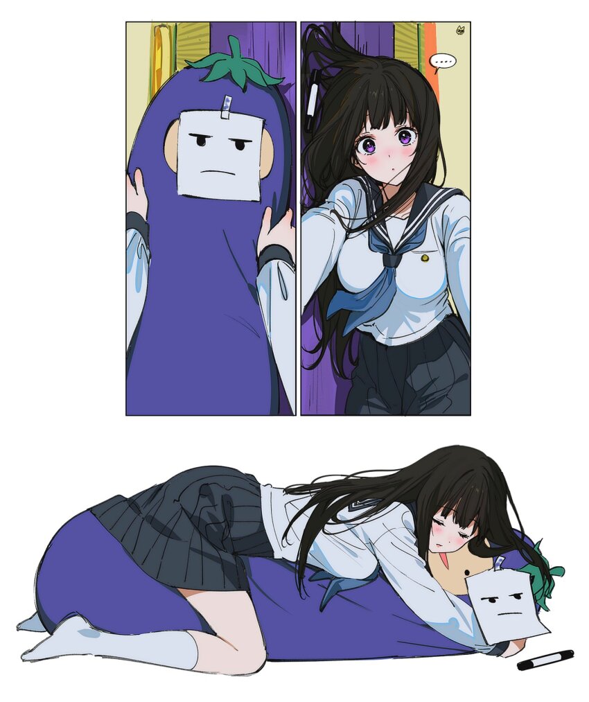 ... 1girl artist_logo black_hair blush breasts chitanda_eru hair_spread_out highres hug hugging_object hyouka kamiyama_high_school_uniform_(hyouka) logo long_hair long_sleeves looking_at_viewer mery_(yangmalgage) open_mouth pillow pillow_hug purple_eyes sailor_collar school_uniform serafuku shirt simple_background skirt smile speech_bubble spoken_ellipsis white_background white_shirt