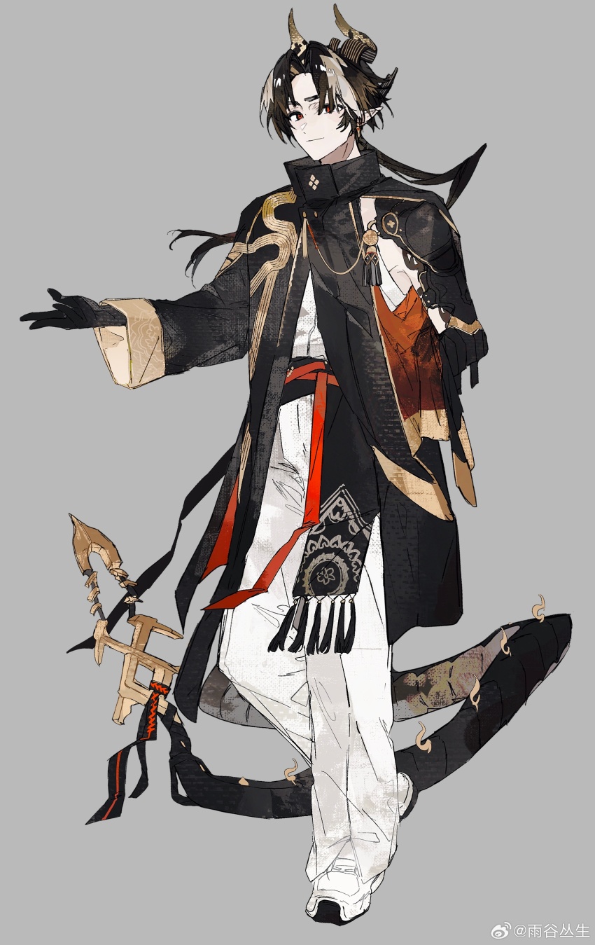 1boy absurdres arknights arm_behind_back artist_name black_coat brown_hair buqiyong chongyue_(arknights) closed_mouth coat dragon_boy dragon_horns dragon_tail earrings grey_background grey_hair hair_over_one_eye highres horns jewelry looking_at_viewer male_focus multicolored_hair pants pointy_ears red_eyes shirt short_hair_with_long_locks simple_background solo streaked_hair tail white_pants white_shirt white_sneakers